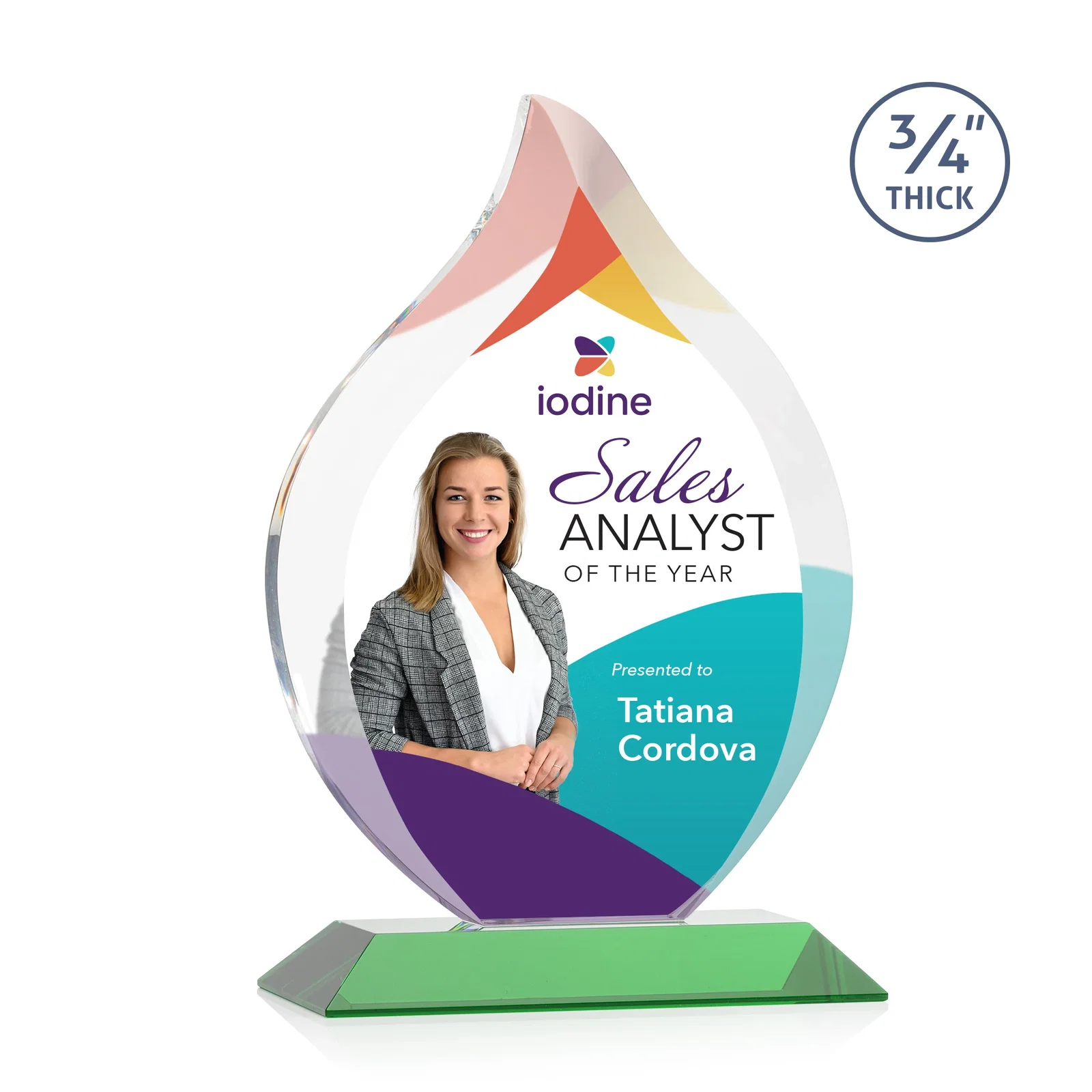 Custom printed Starfire Crystal Flame Award With A Mitered Base for sales achievement awards