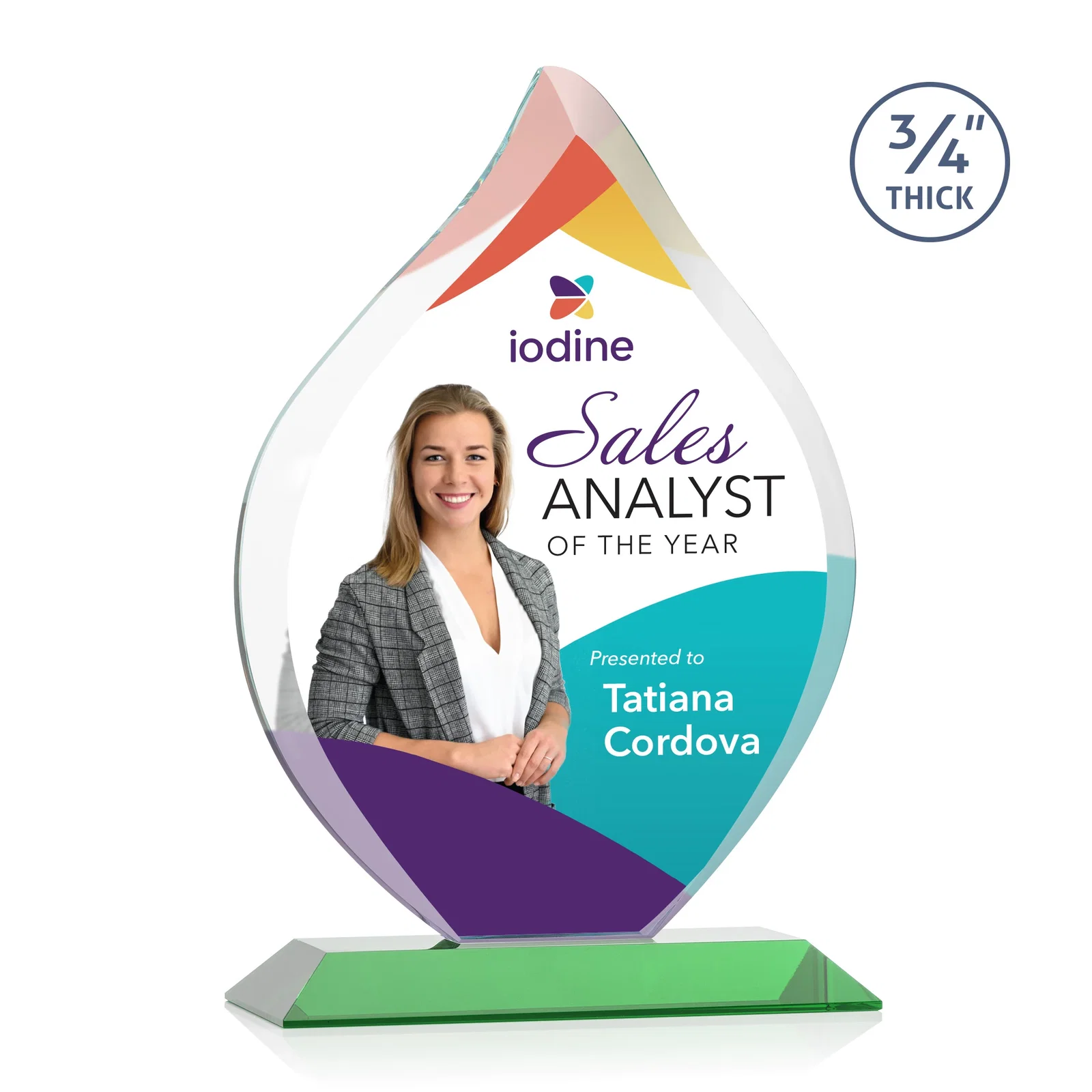 Custom printed Starfire Crystal Flame Award With A Mitered Base for retirement presentations