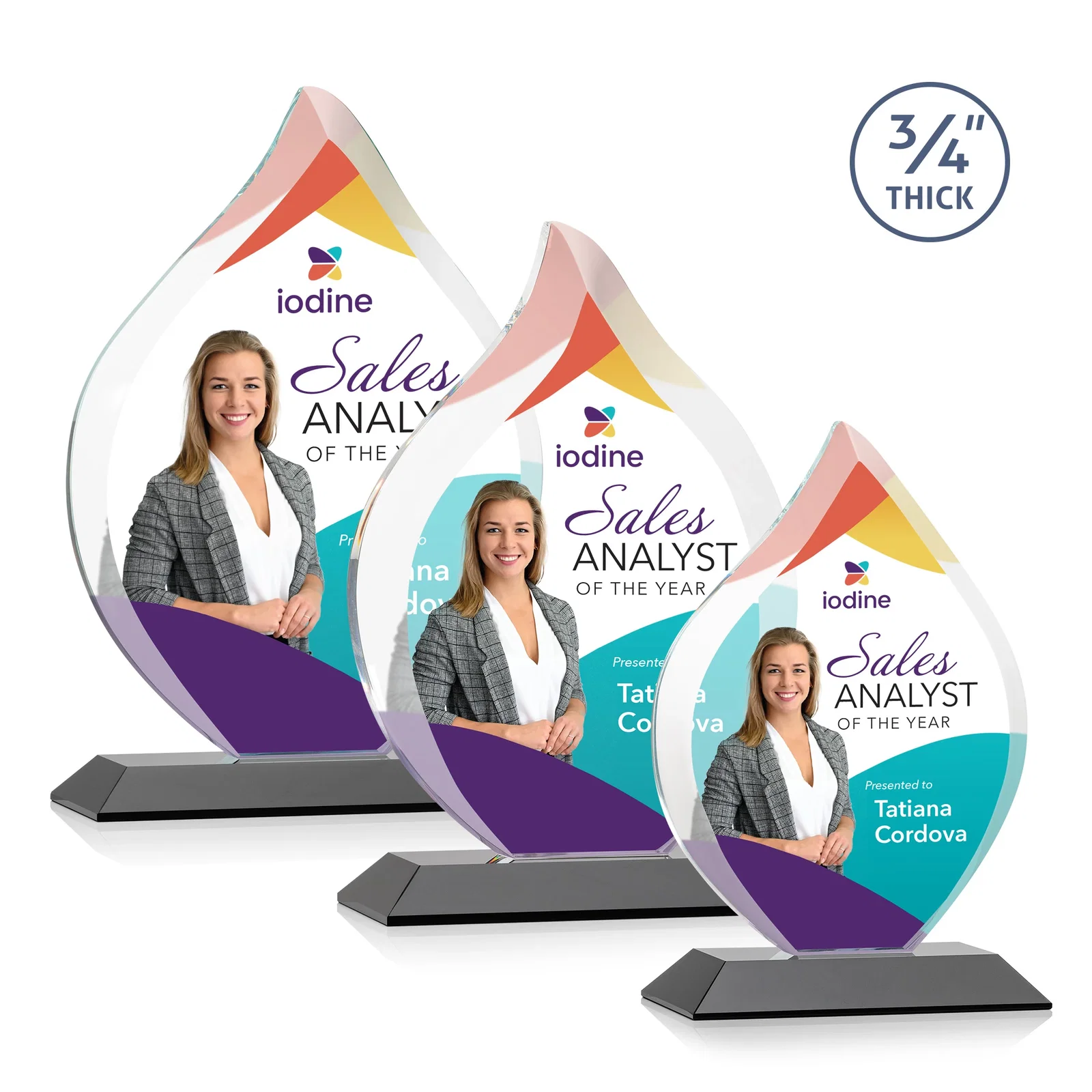 Custom printed Starfire Crystal Flame Award With A Mitered Base for team milestone celebrations