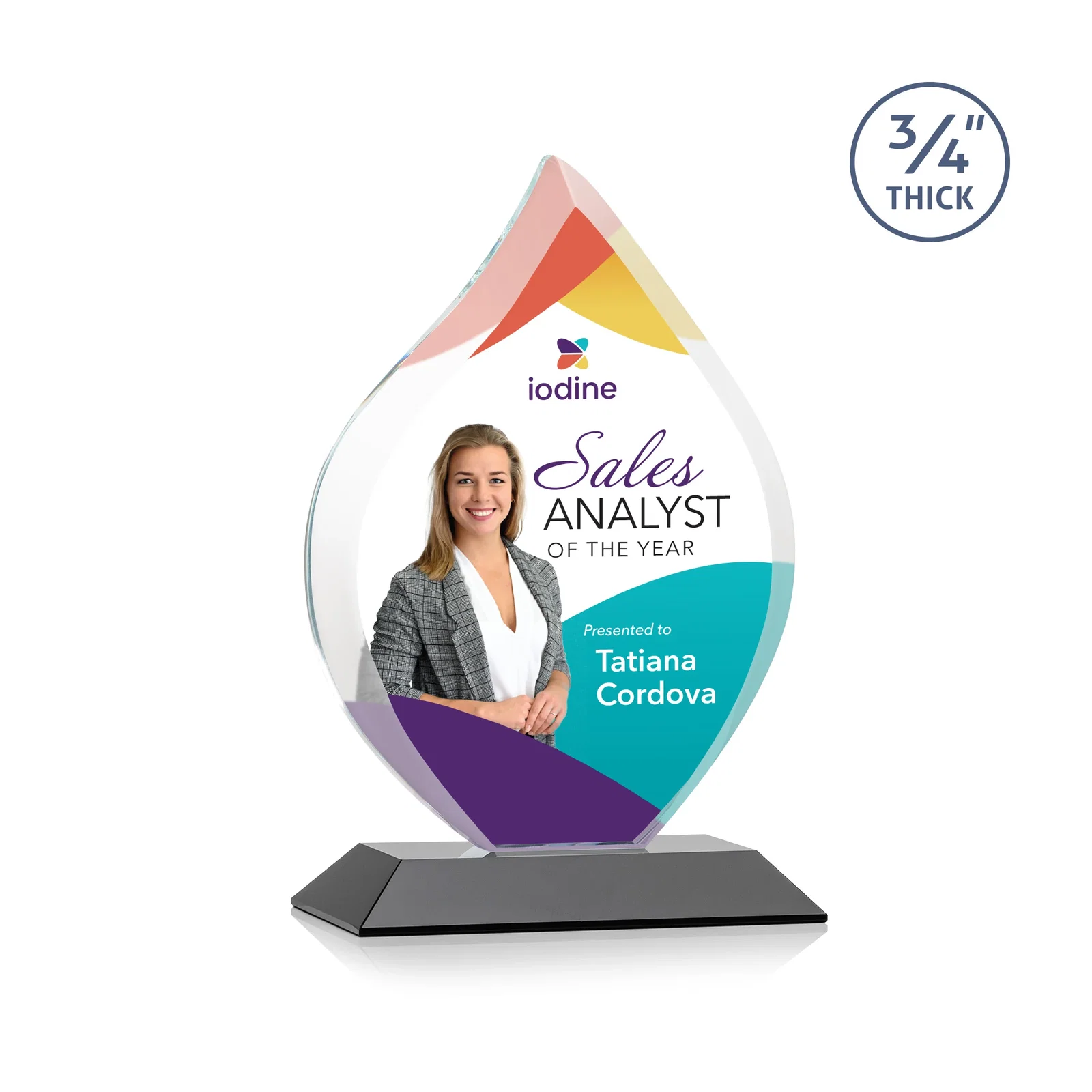 Custom printed Starfire Crystal Flame Award With A Mitered Base for donor appreciation