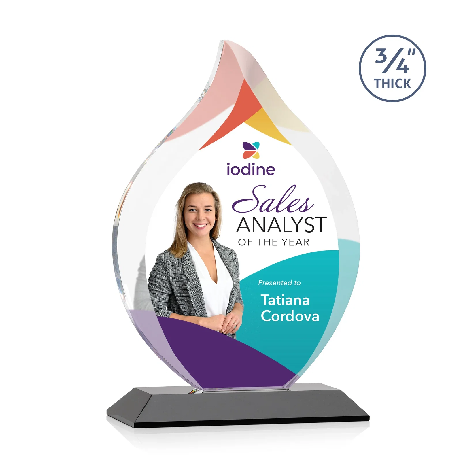 Custom printed Starfire Crystal Flame Award With A Mitered Base for graduation ceremonies