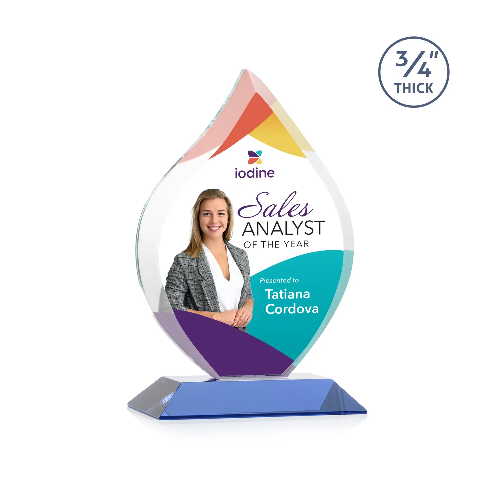 Custom printed Starfire Crystal Flame Award With A Mitered Base for dealer and partner awards