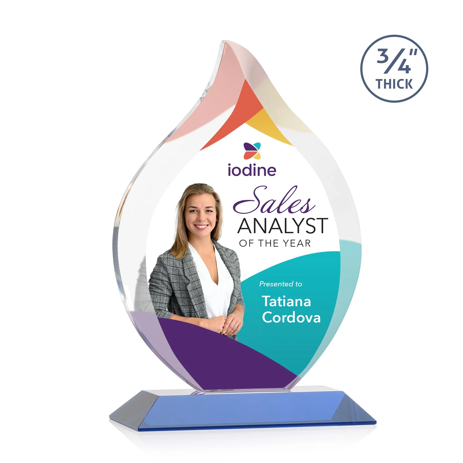 Custom printed Starfire Crystal Flame Award With A Mitered Base for company anniversary events