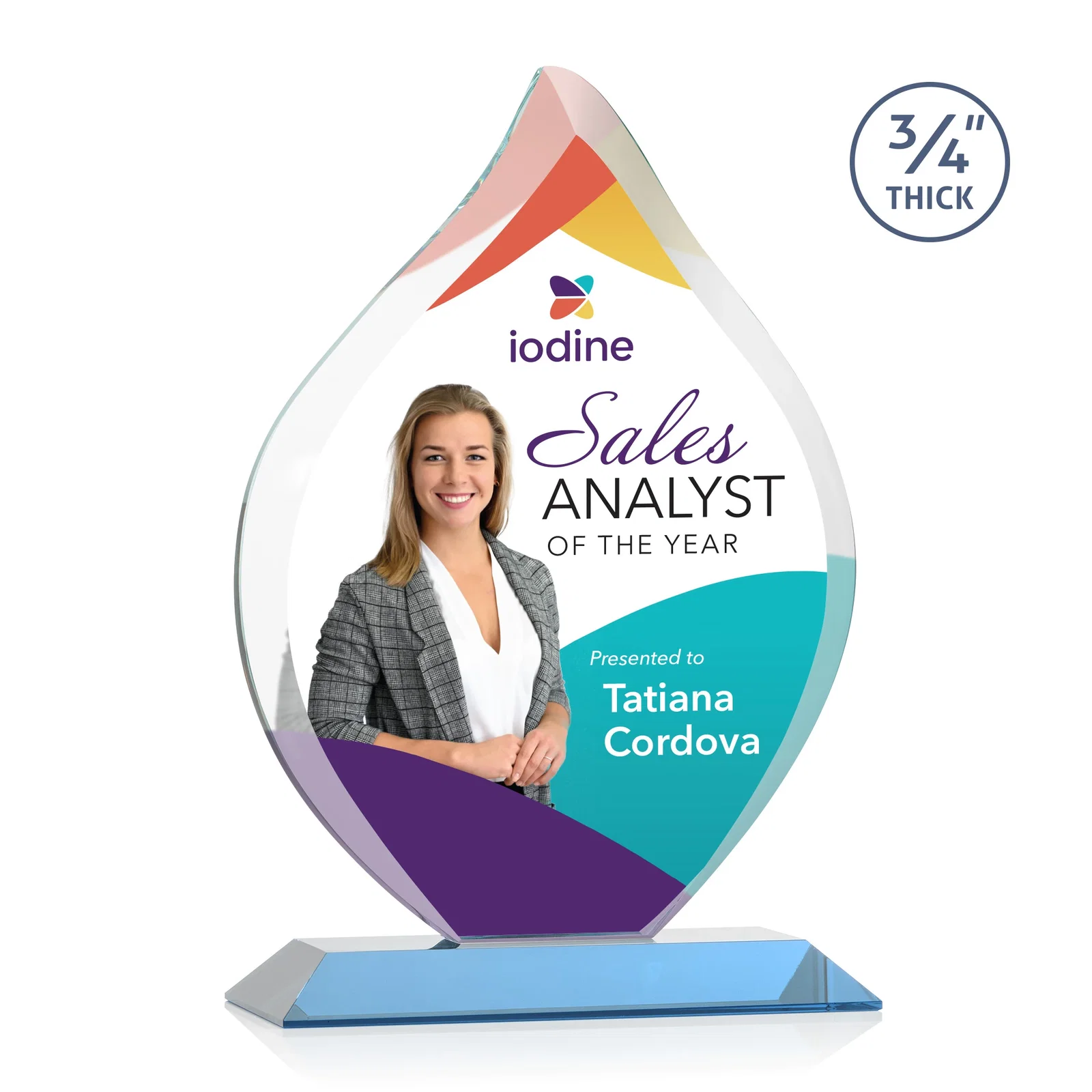 Custom engraved Starfire Crystal Flame Award With A Mitered Base for employee recognition