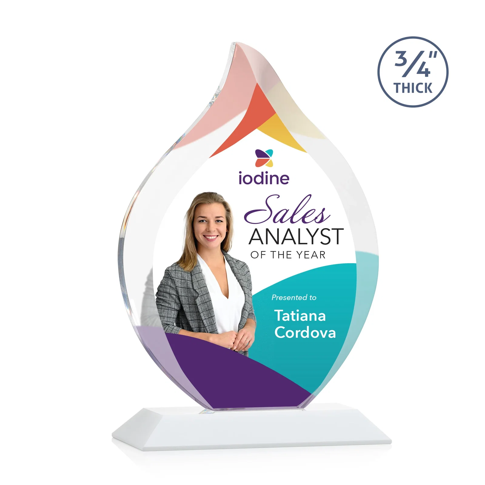Custom engraved Starfire Crystal Flame Award With A Mitered Base for sales achievement awards