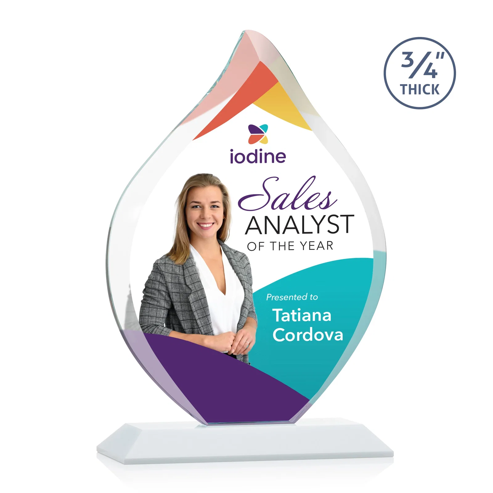 Custom engraved Starfire Crystal Flame Award With A Mitered Base for retirement presentations