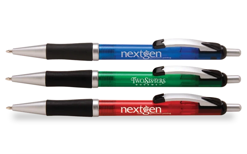 Worthington Translucent-Barrel Pen. Translucent plastic pen with rubberized grip for offices and trade shows
