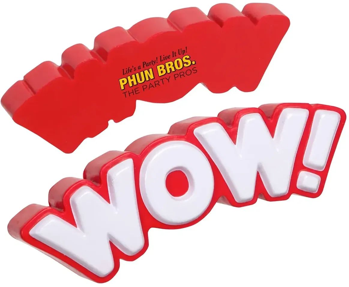 WOW word custom stress reliever, branded squeeze toy shaped like WOW with logo, front view
