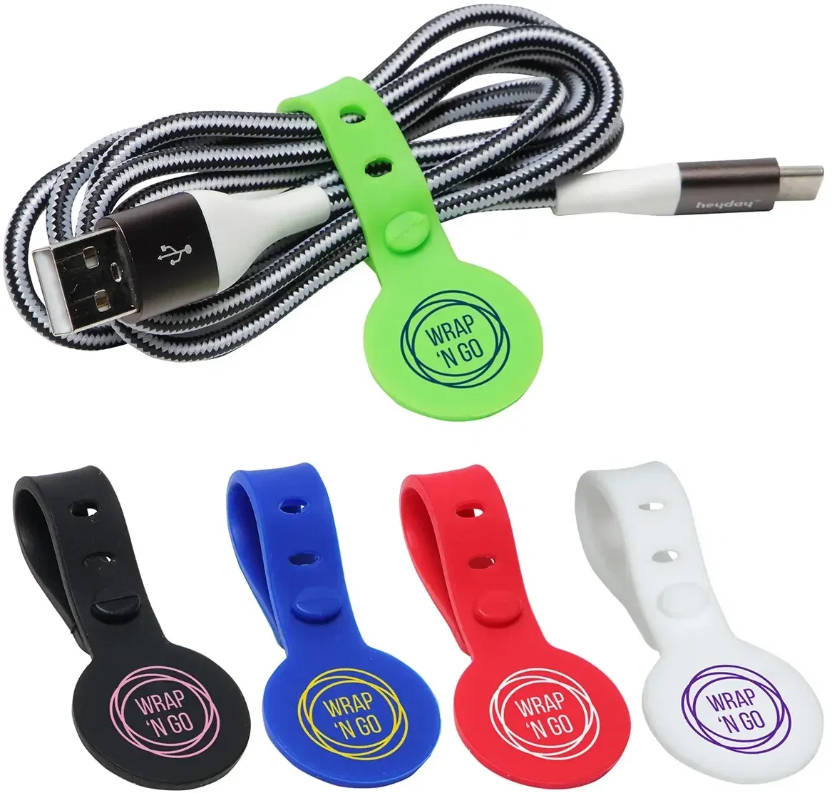 Wrap 'N Go silicone cable organizer, branded custom cable tie, front view