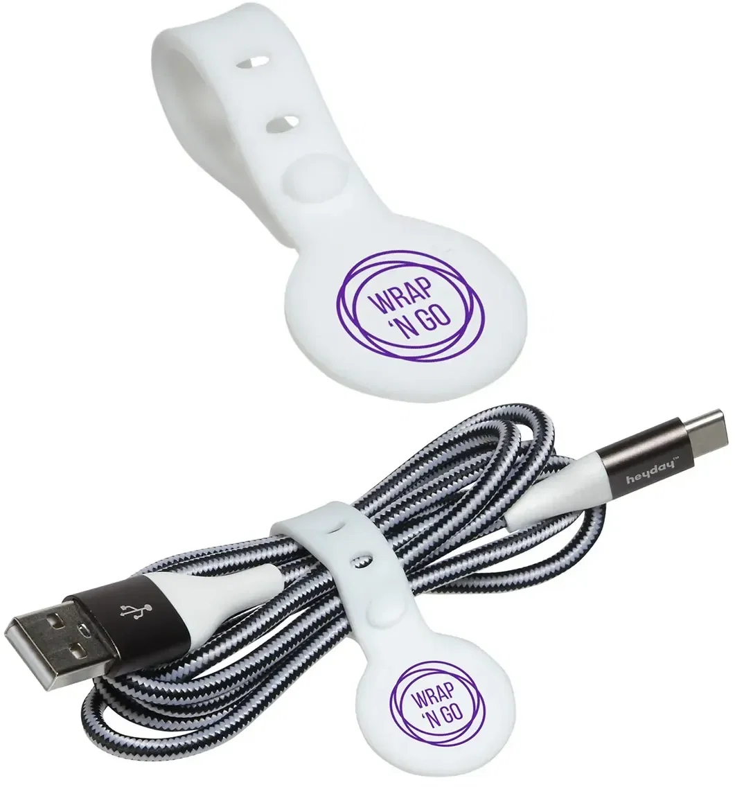 Custom Wrap 'N Go silicone tie wrapped around a bundled charger cord