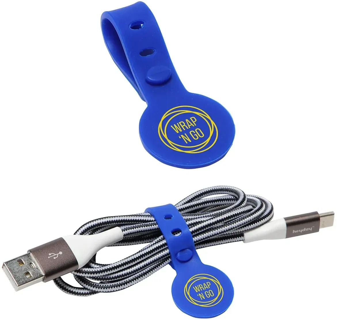 Branded Wrap 'N Go cable organizer showing snap closure and logo detail