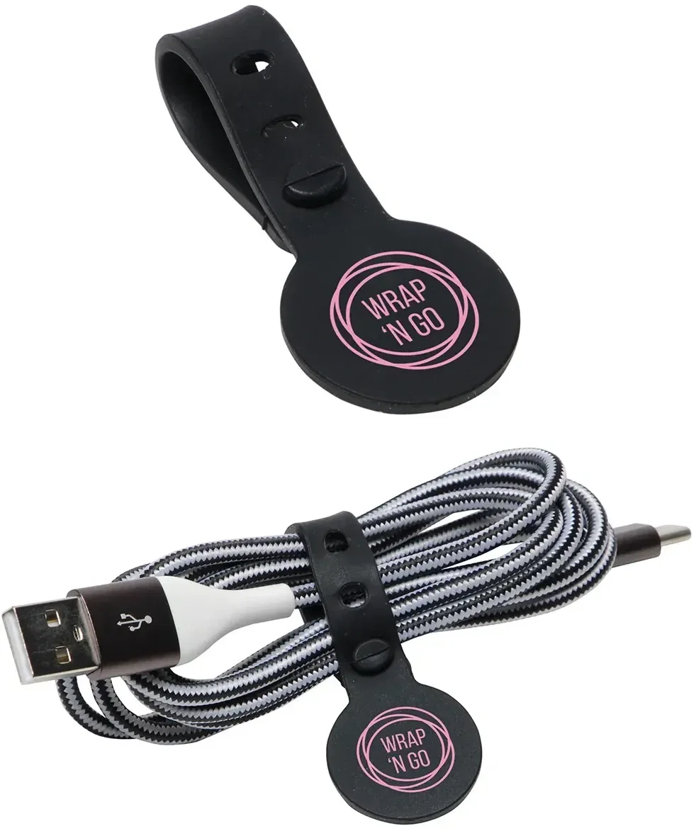 Close-up of logo-ready imprint on custom Wrap 'N Go silicone cable tie