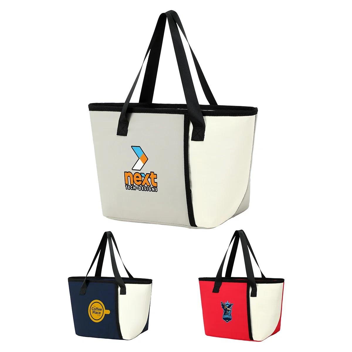 Custom Wrightwood Nylon Lunch Cooler Tote, front view of the branded cooler tote shown in three color options