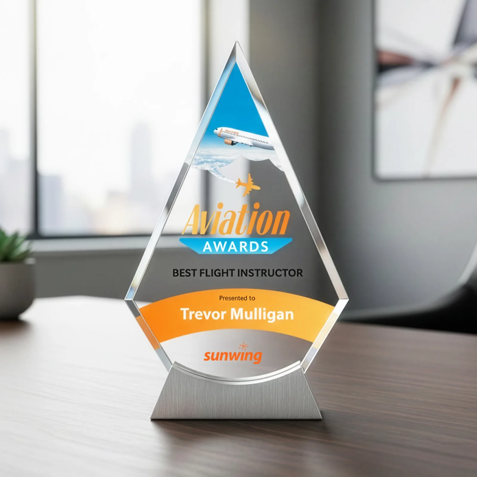 Custom Starfire Crystal Diamond Award on an Aluminum Base for retirement presentations