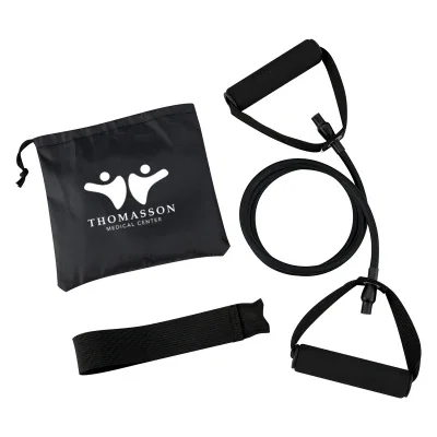 Yoga stretch band folded inside its matching carry pouch