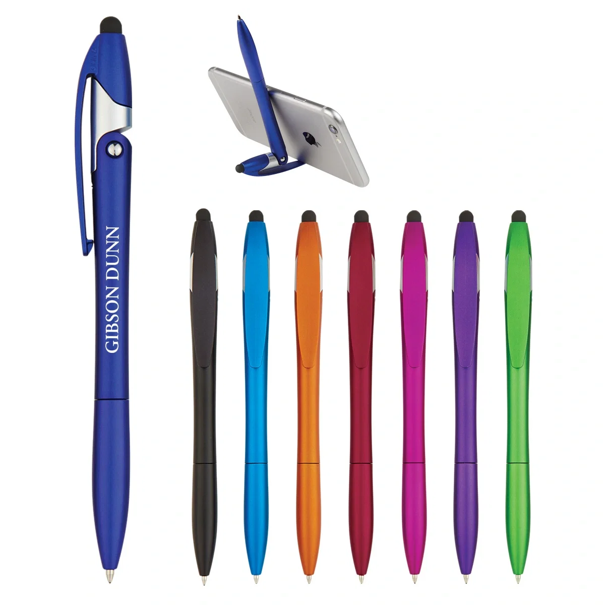 Metallic barrel stylus doubling as a stand for a phone
