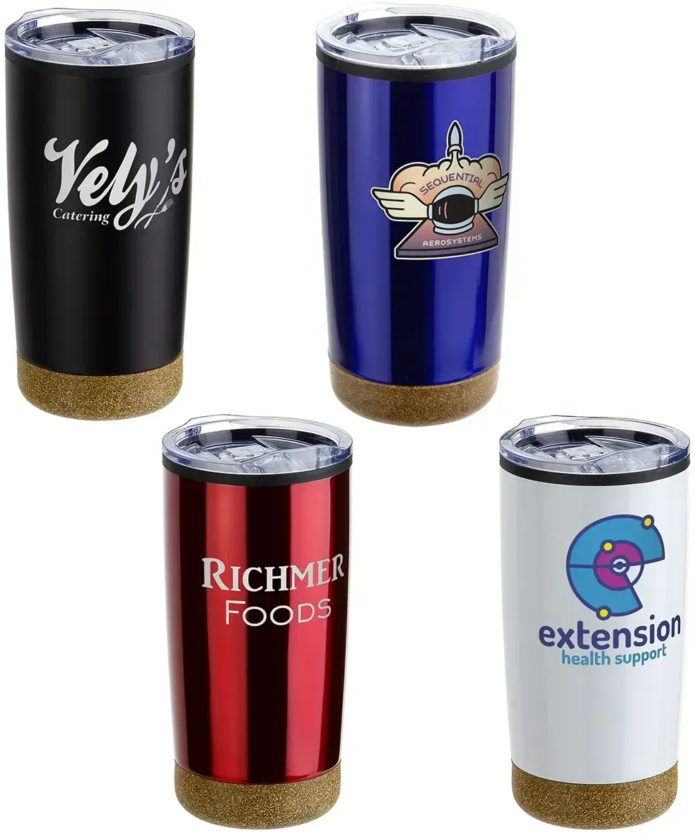 York 20 oz cork-base stainless tumbler with custom logo, front view of branded insulated cup