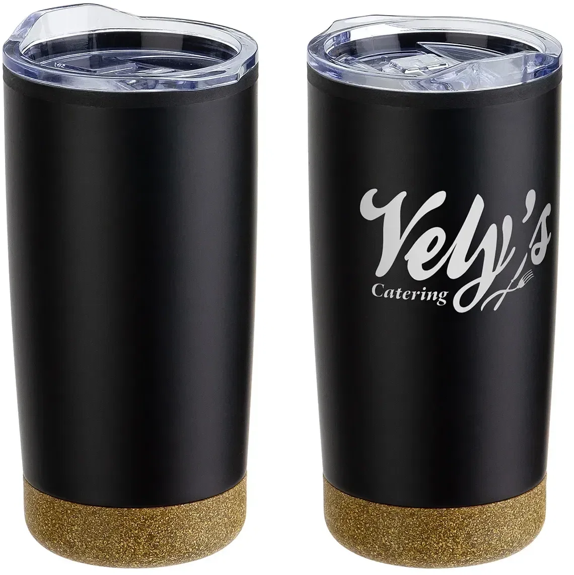 Side profile of the promotional York stainless tumbler with its natural cork base