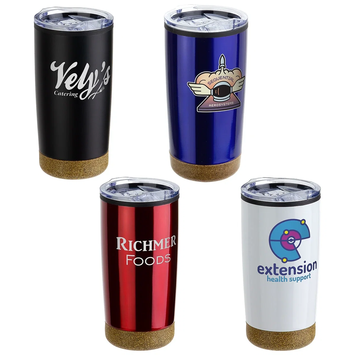 Angled view of the branded York cork-base stainless steel promotional tumbler