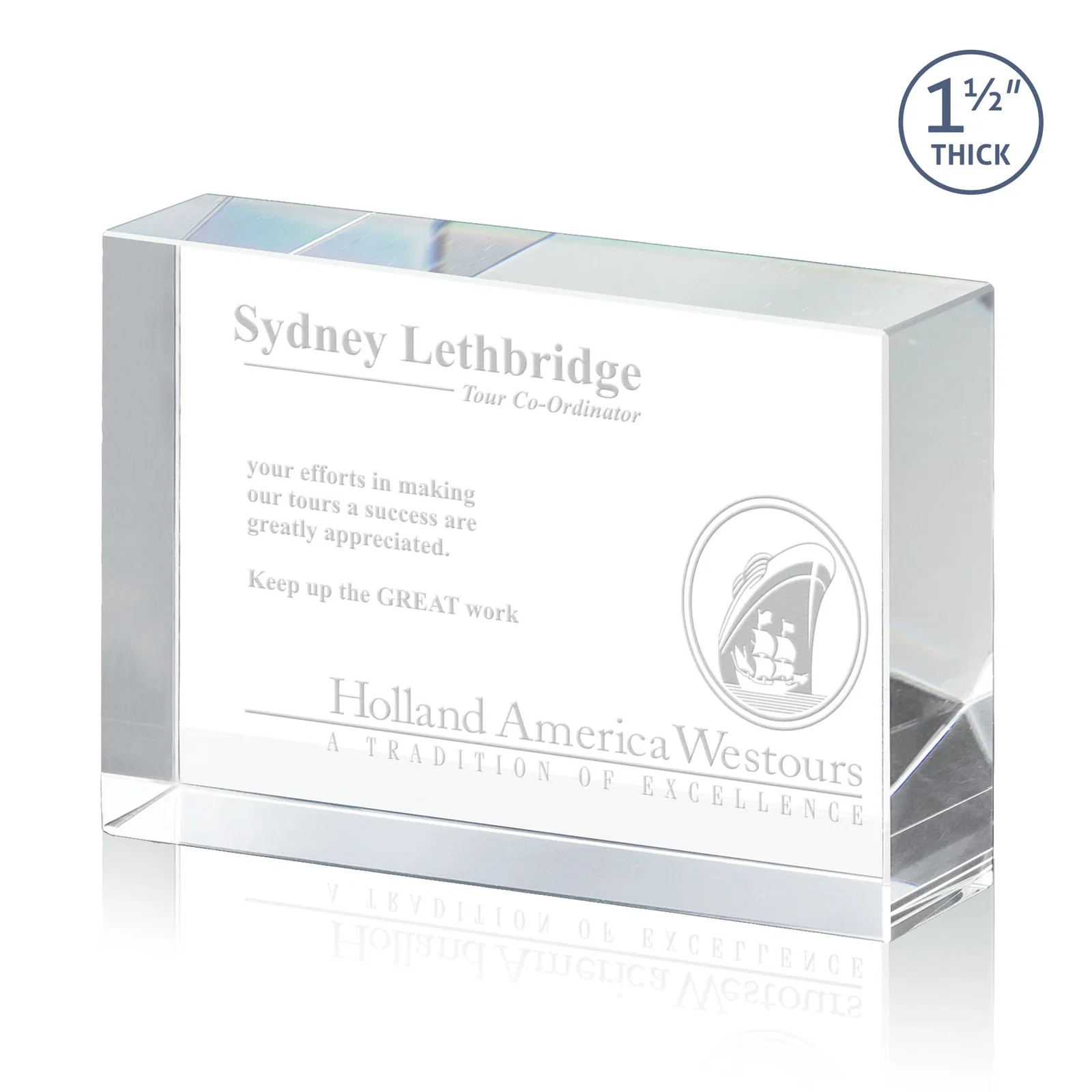 Custom Extra Thick Freestanding Optical Crystal Rectangle Award, awards for retirement presentations