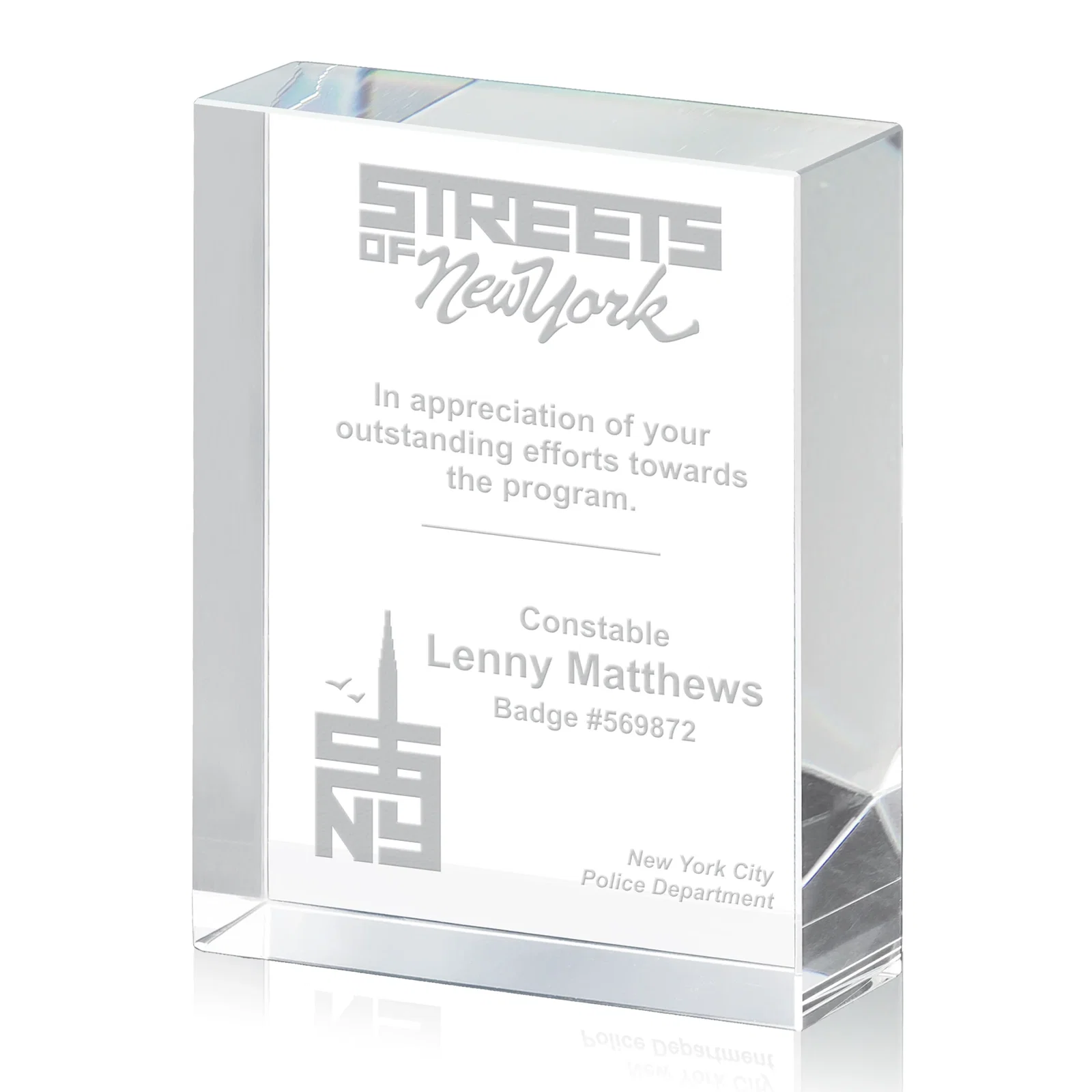 Custom Extra Thick Freestanding Optical Crystal Rectangle Award, awards for donor appreciation
