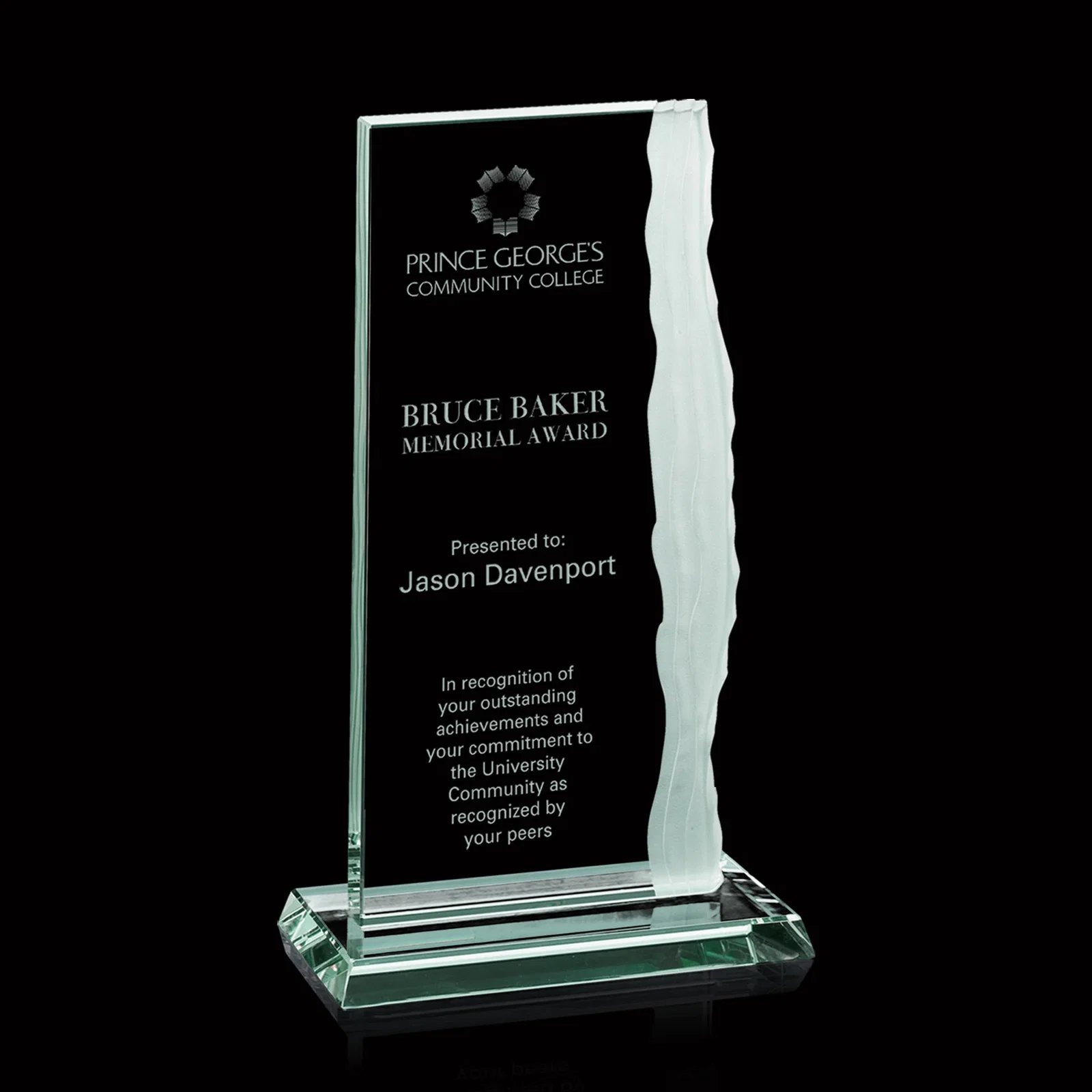 Custom Jade Glass Ribbon Monolith Award With A Chipped Right Edge for service anniversary gifts