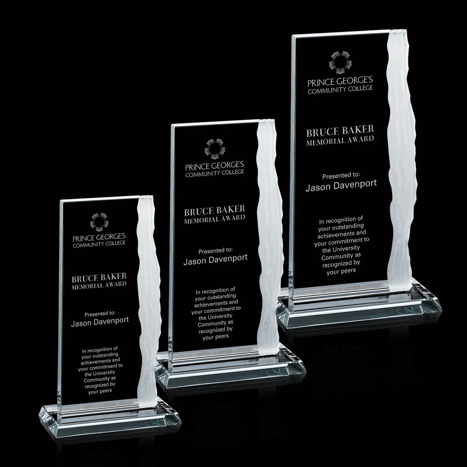 Custom Starfire Crystal Monolith Award, Chipped Right Edge, Carved Ribbon, awards for employee recognition