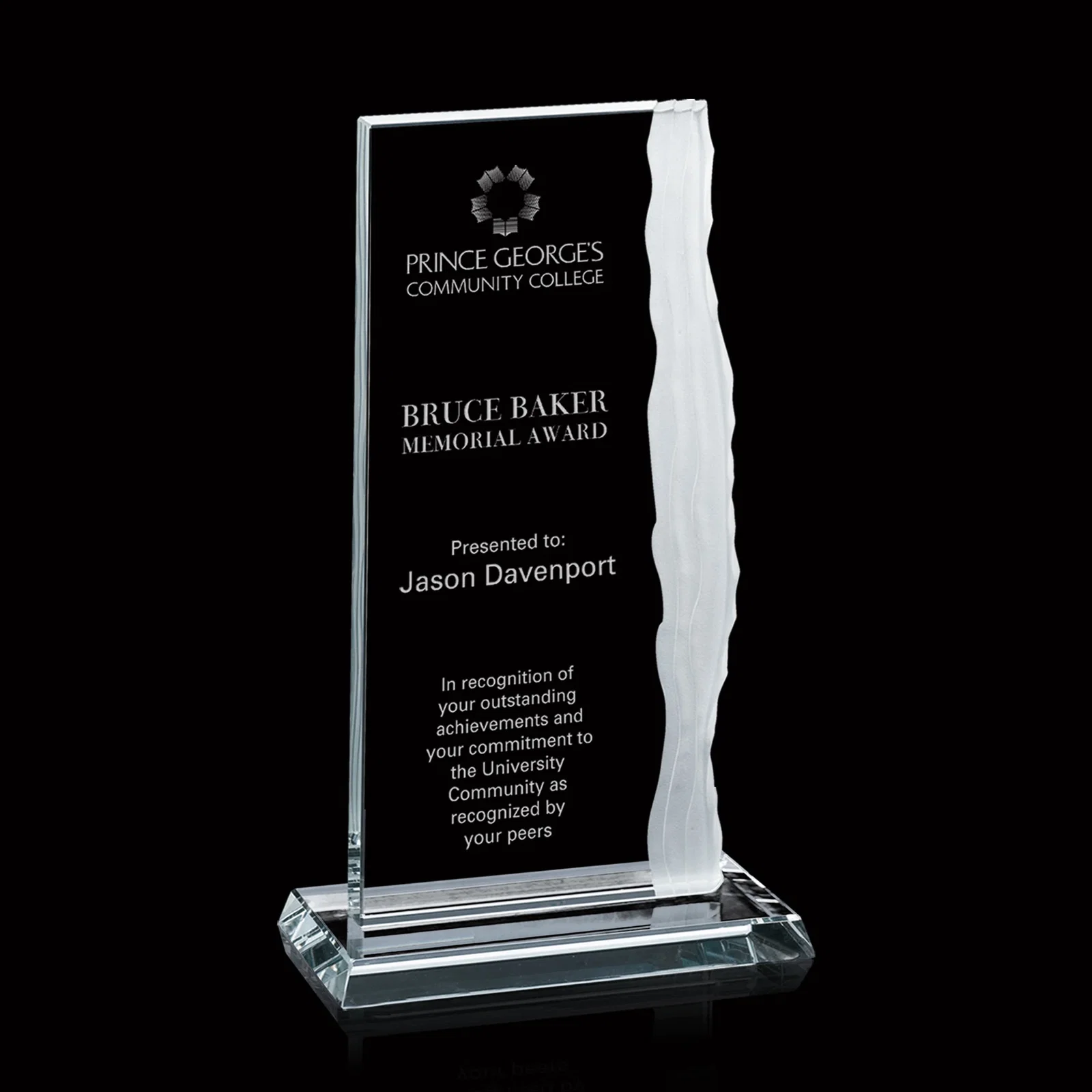 Custom Starfire Crystal Monolith Award, Chipped Right Edge, Carved Ribbon, awards for service anniversary gifts