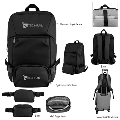 Black rPET backpack with a removable belt bag at the waist
