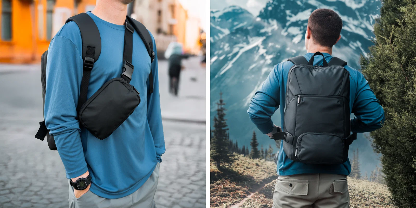 Padded shoulder straps and ventilated back panel seen from behind