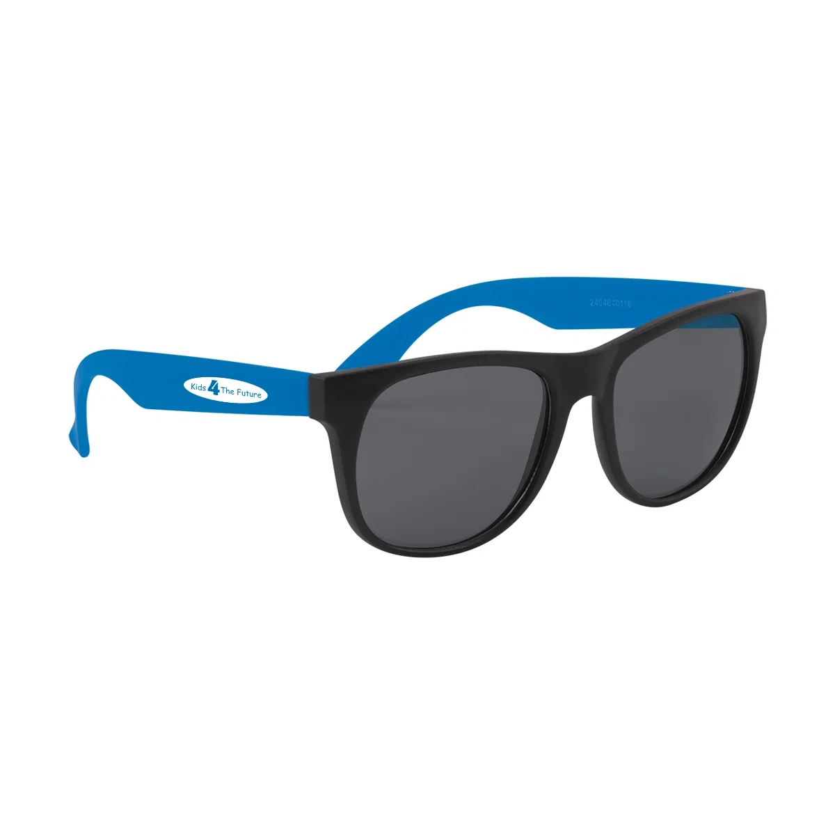 Youth sunglasses with a rubberized black frame and colored temples