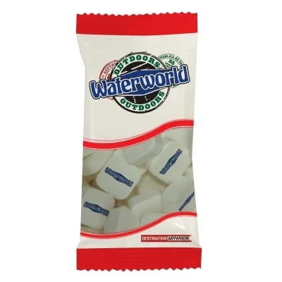 Small snack bag holding mints, about five inches tall