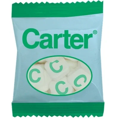Small clear snack bag with silver back panel, filled and sealed