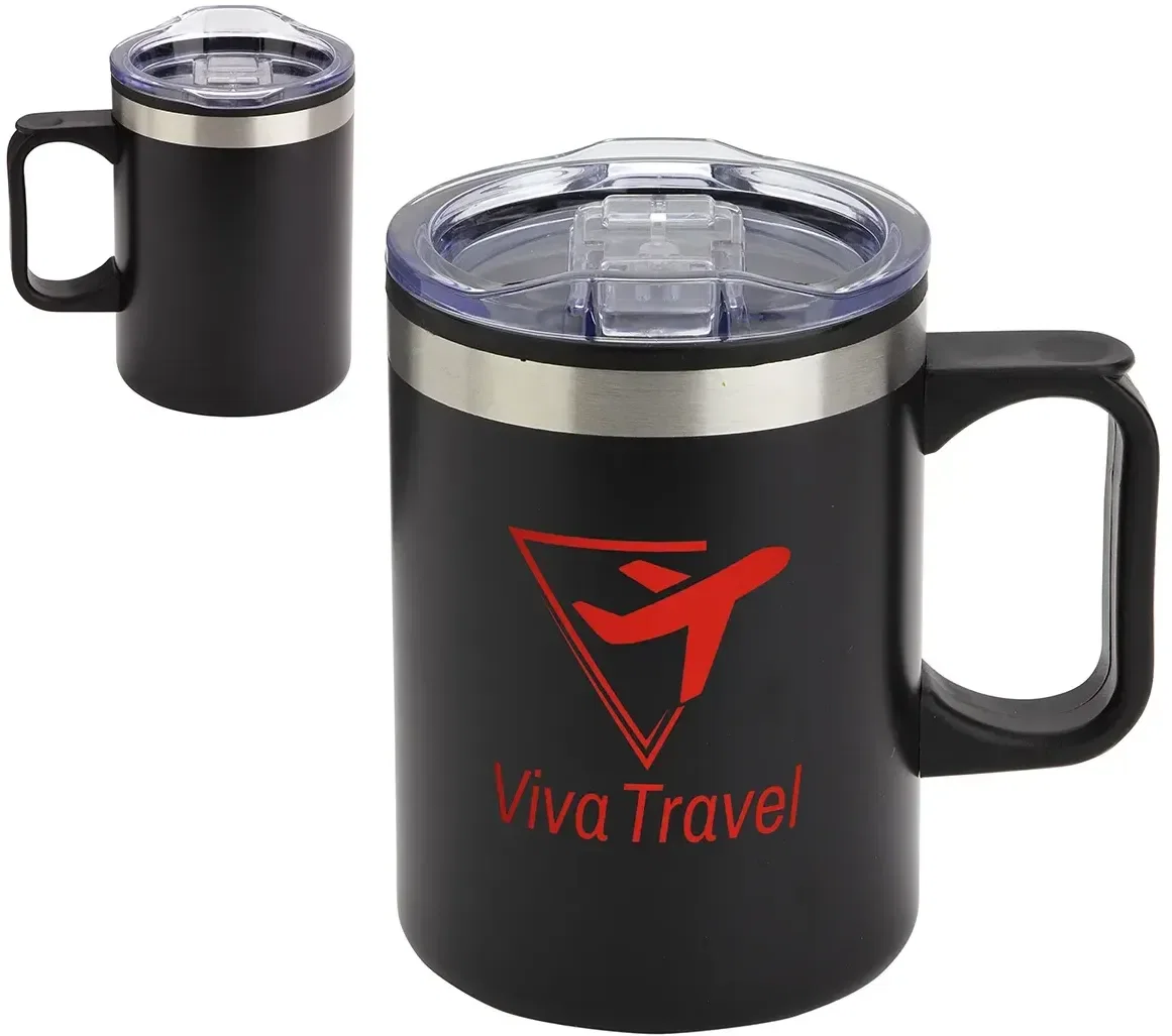 Side profile of the promotional Zara handled stainless steel mug