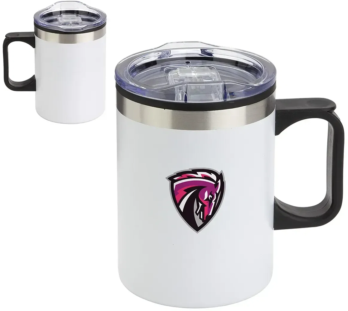 Close-up of the handle on the custom Zara 14 oz insulated stainless mug