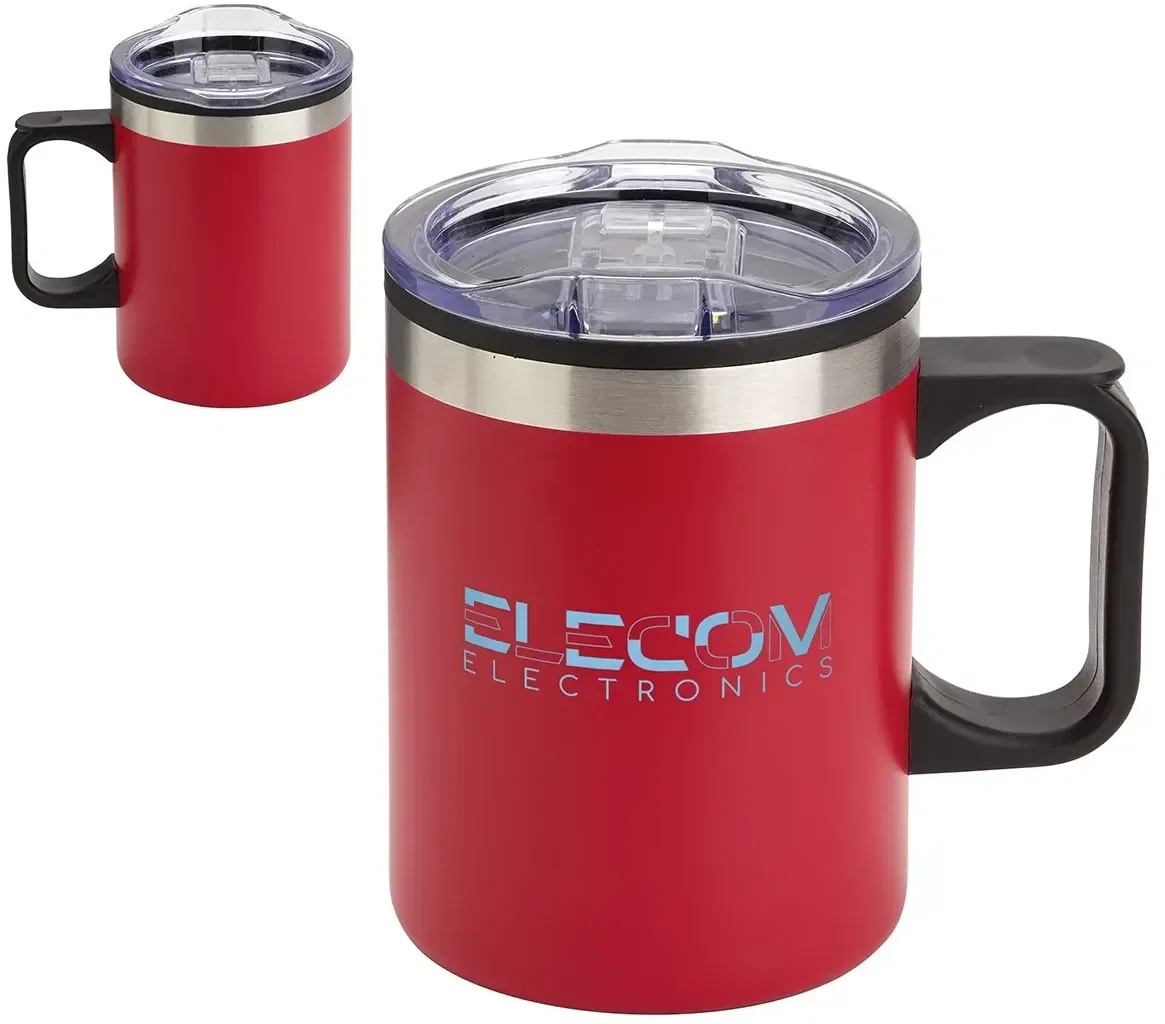 Angled view of the branded Zara stainless steel handled promotional mug