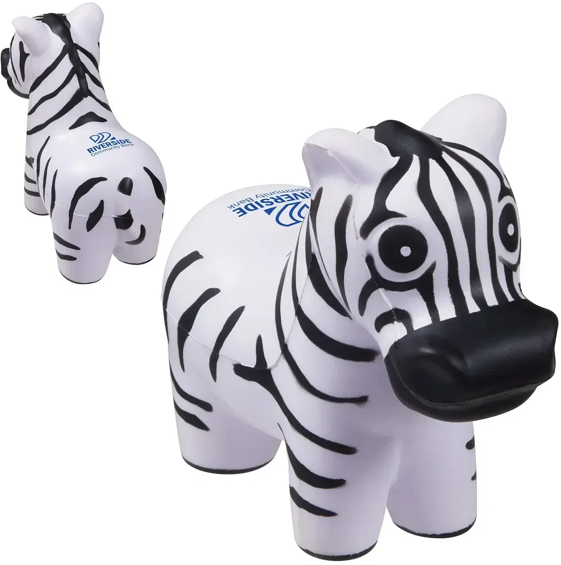 Custom Zebra Stress Reliever shaped like a zebra, molded foam squeeze toy with promotional logo