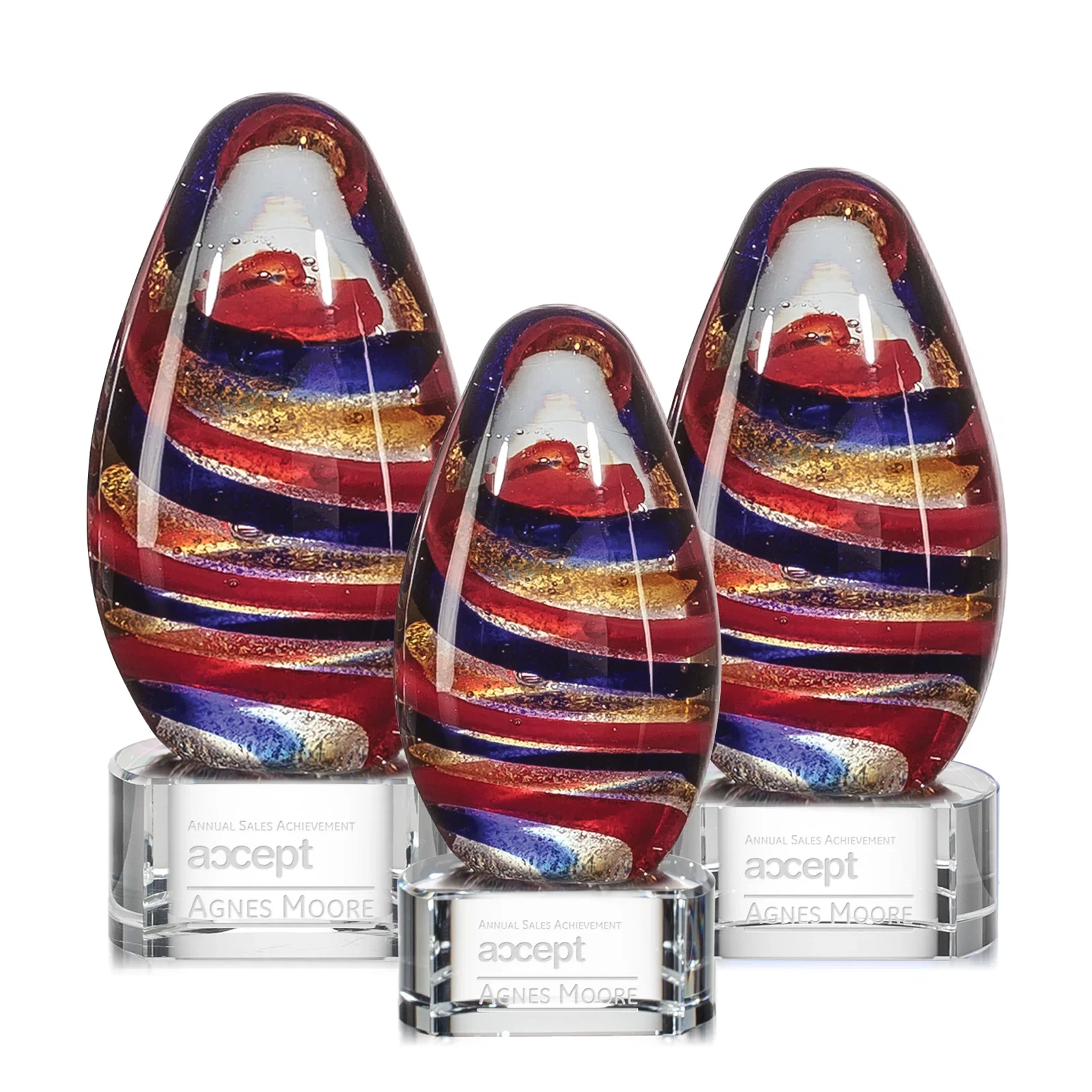 Custom Five-Color Ribbon Art Glass Teardrop Award for employee recognition