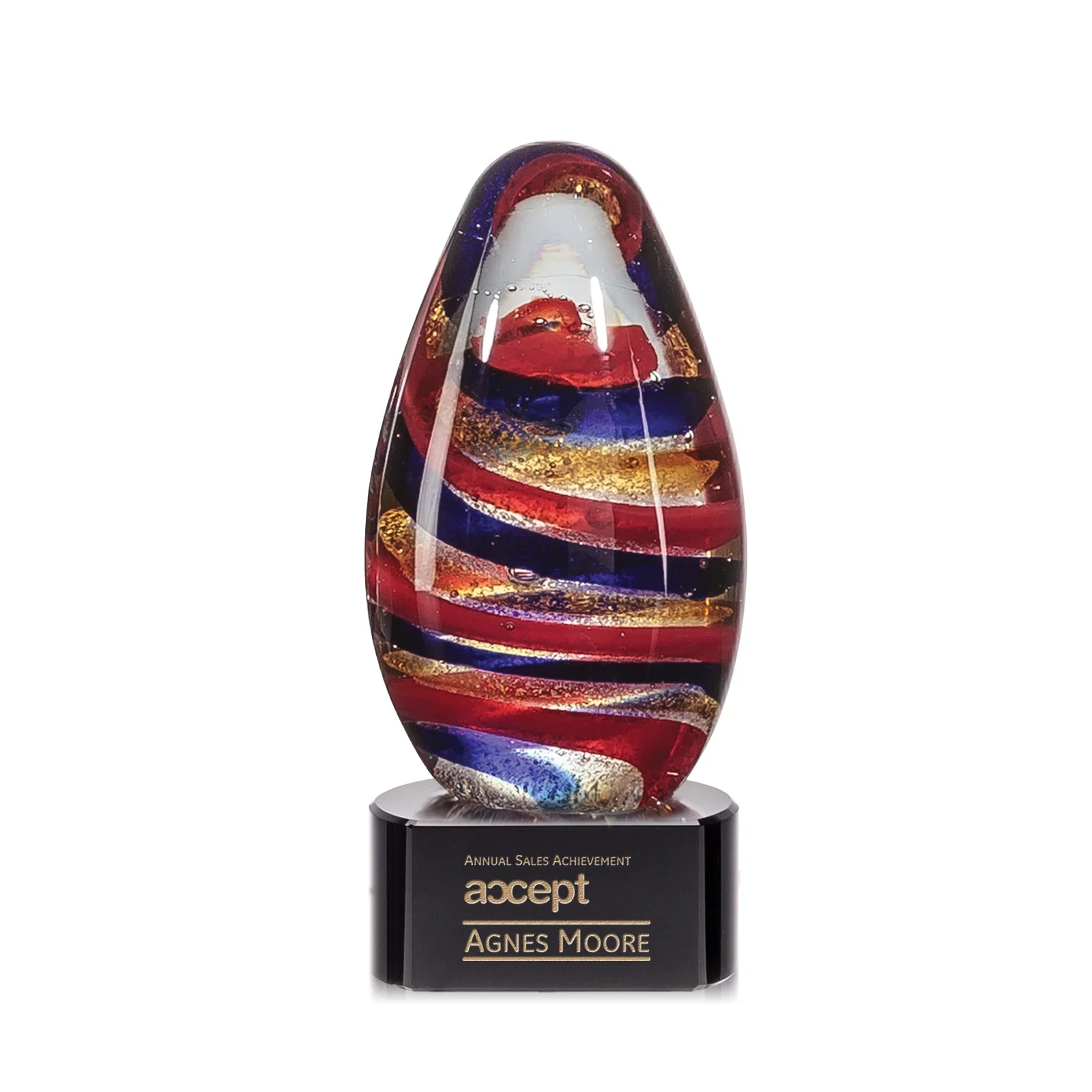 Custom Five-Color Ribbon Art Glass Teardrop Award for volunteer appreciation