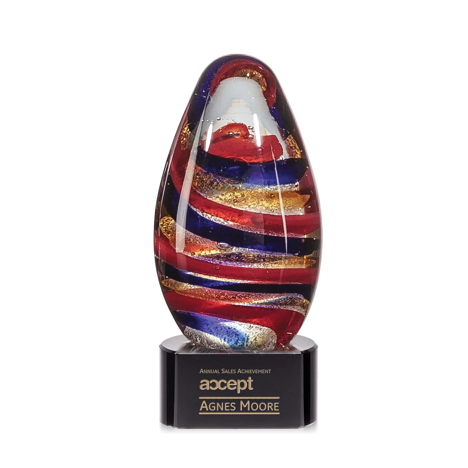 Custom Five-Color Ribbon Art Glass Teardrop Award for dealer and partner awards