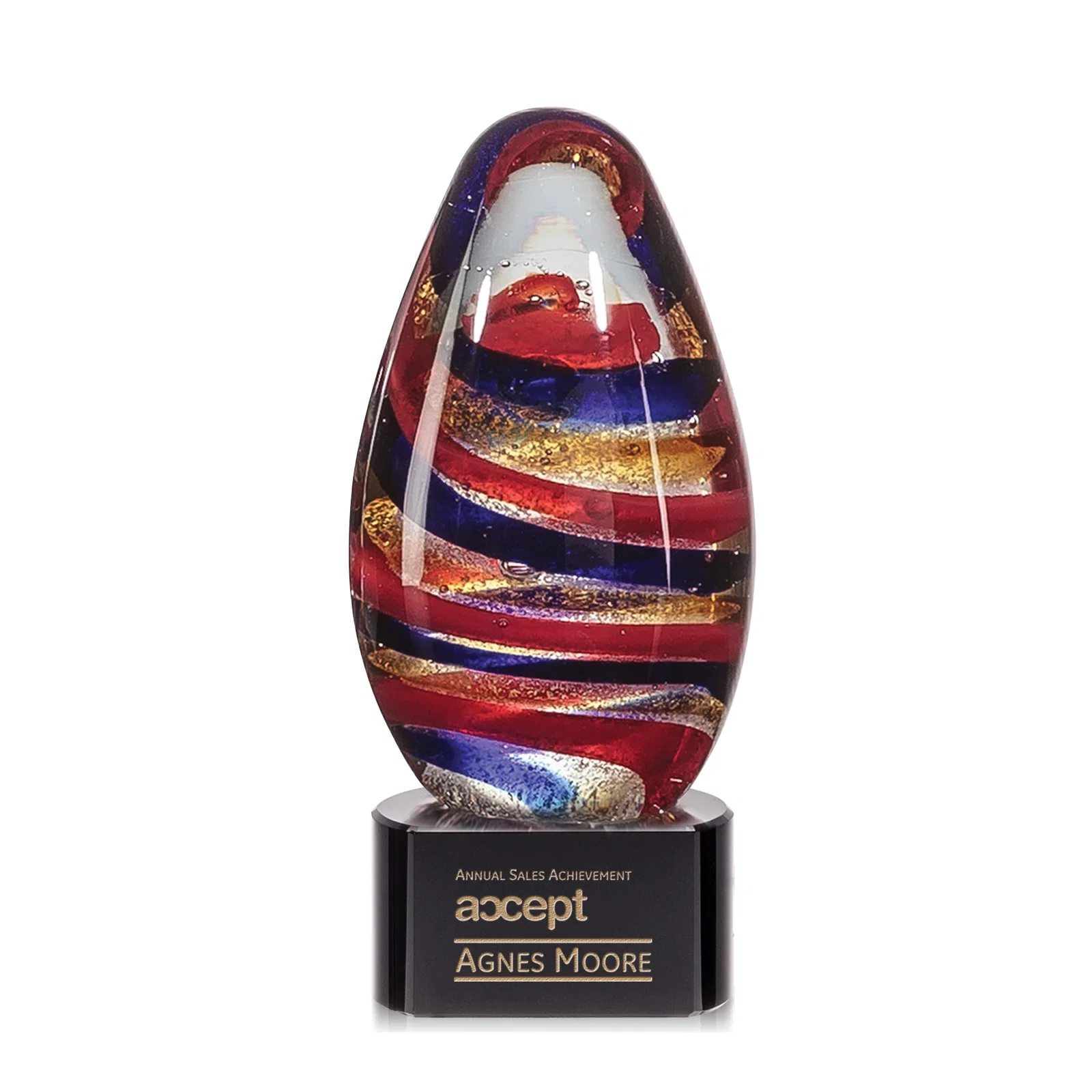 Custom Five-Color Ribbon Art Glass Teardrop Award for company anniversary events