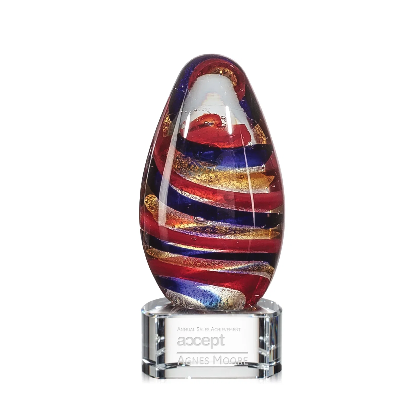 Custom Five-Color Ribbon Art Glass Teardrop Award for corporate award ceremonies