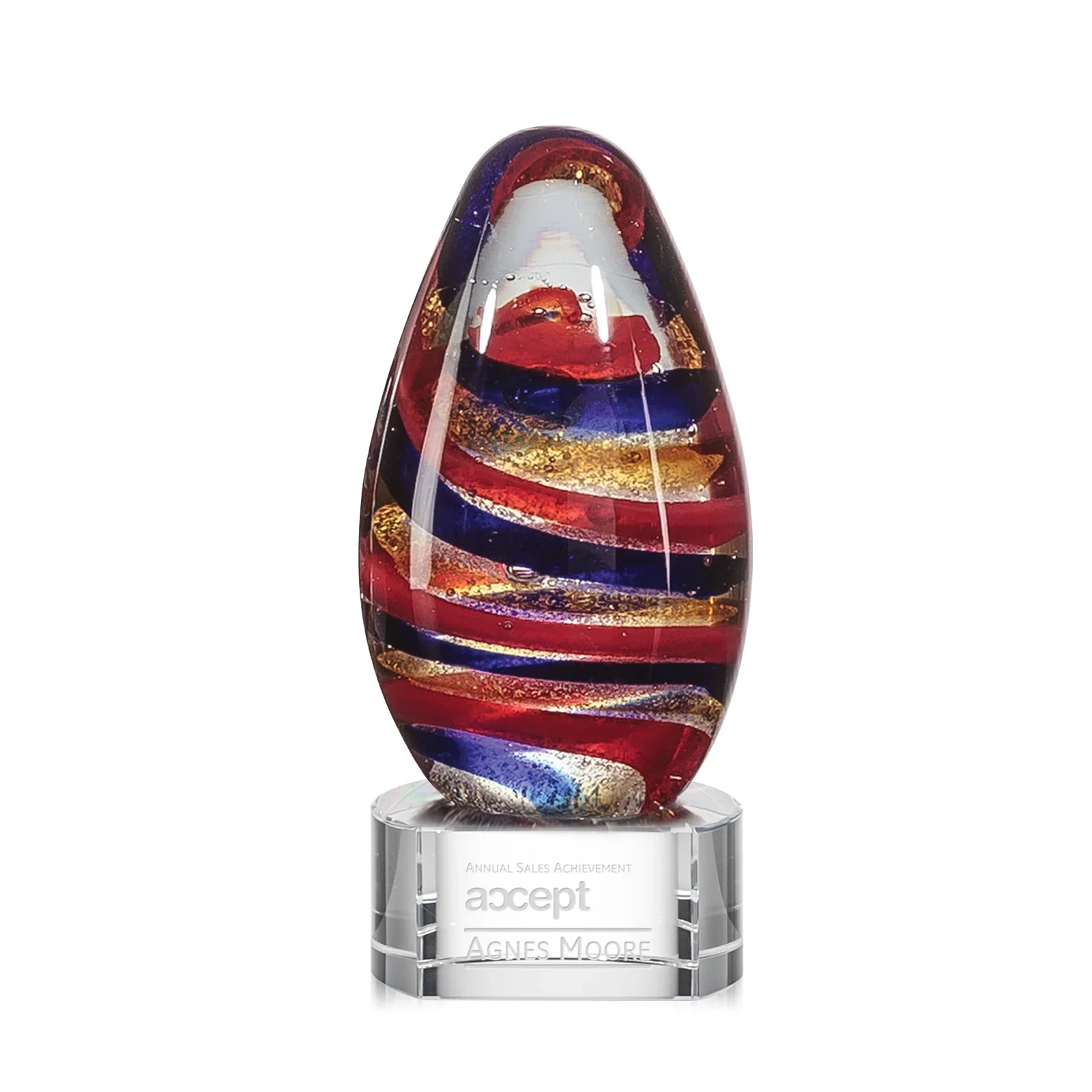 Custom Five-Color Ribbon Art Glass Teardrop Award for service anniversary gifts
