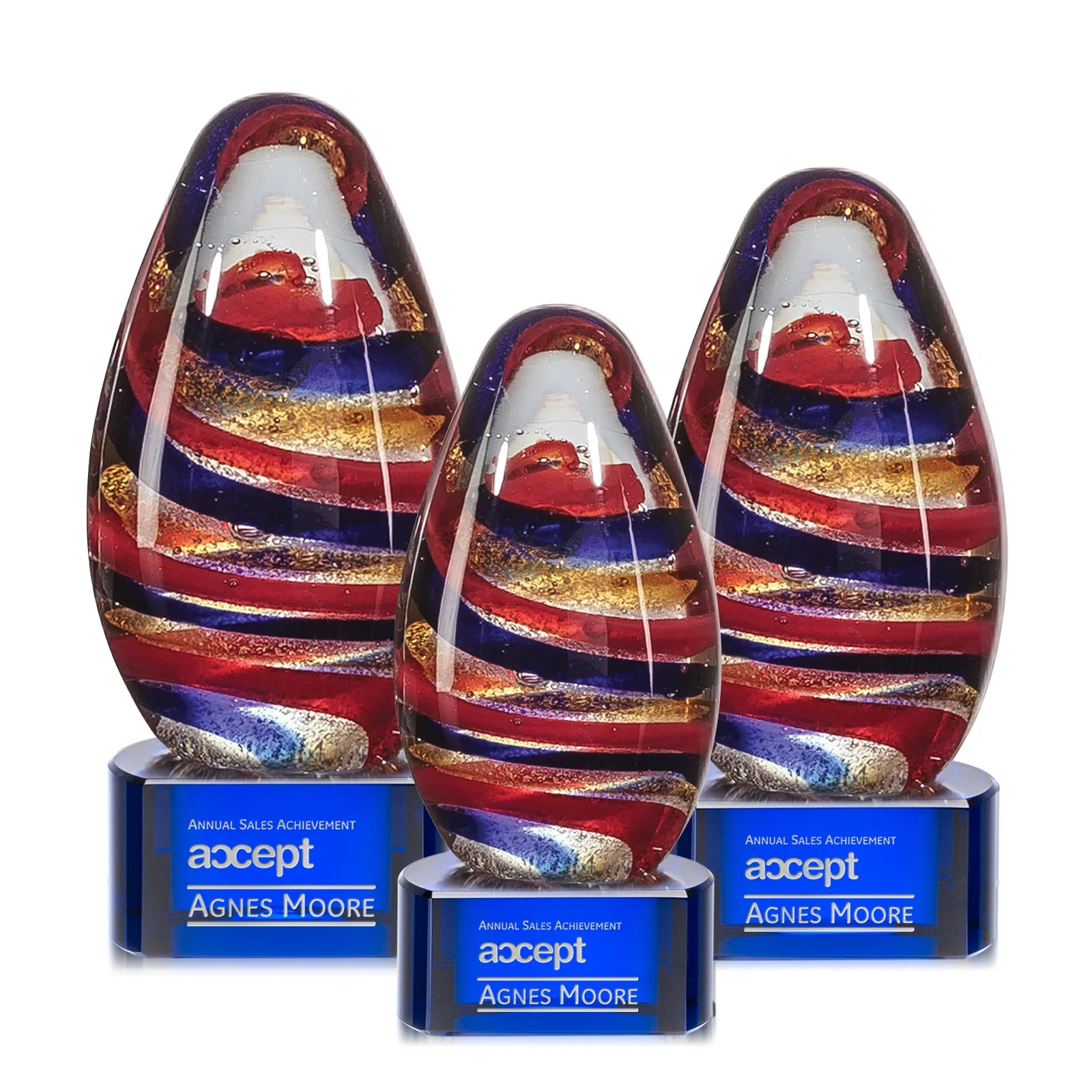 Custom Five-Color Ribbon Art Glass Teardrop Award for retirement presentations