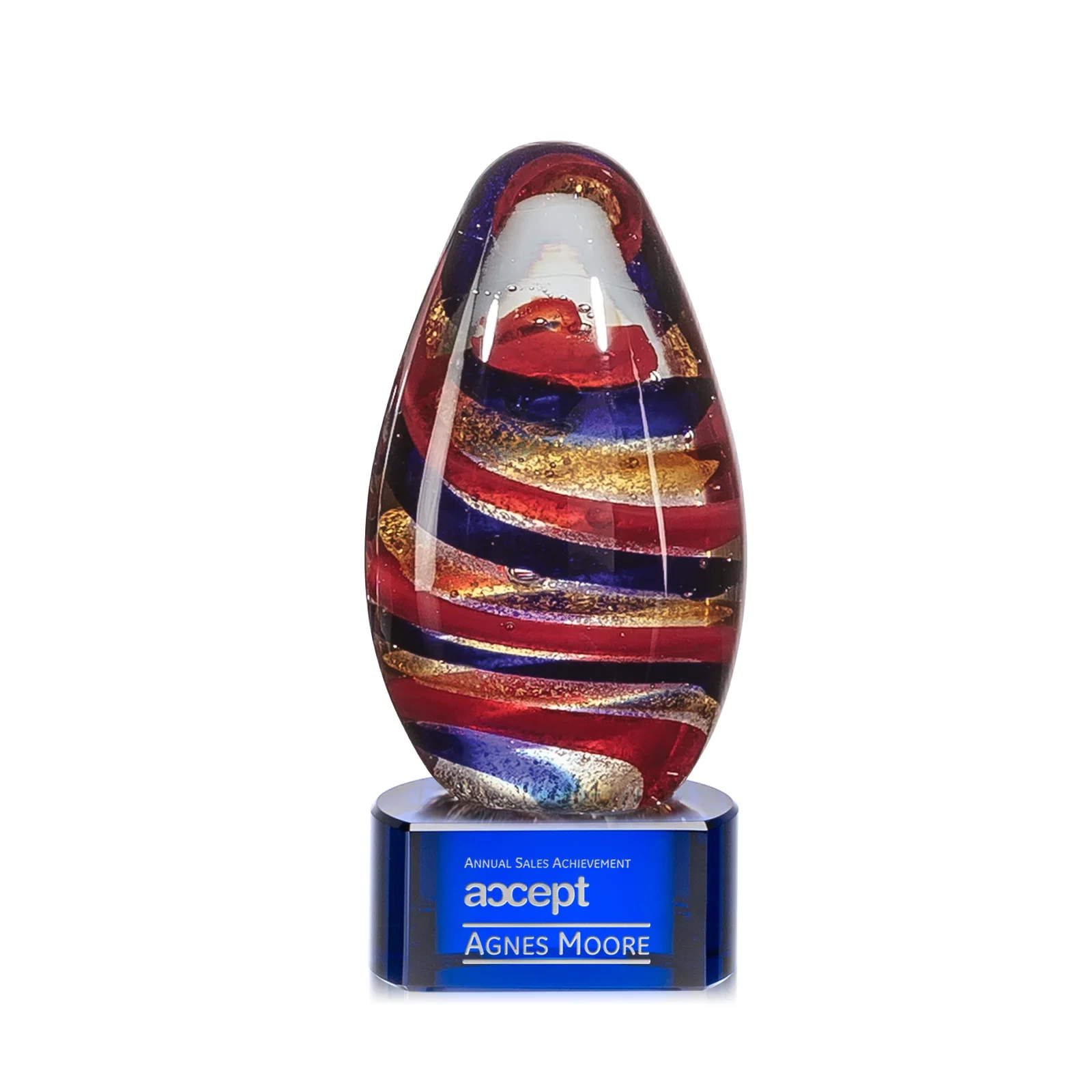 Custom Five-Color Ribbon Art Glass Teardrop Award for team milestone celebrations