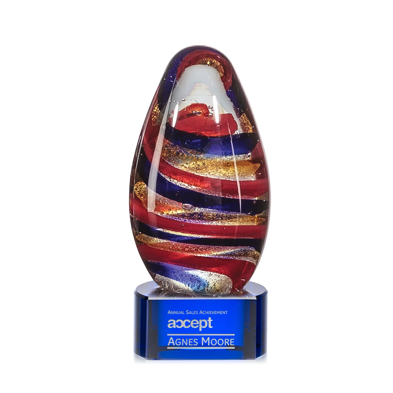 Custom Five-Color Ribbon Art Glass Teardrop Award for donor appreciation