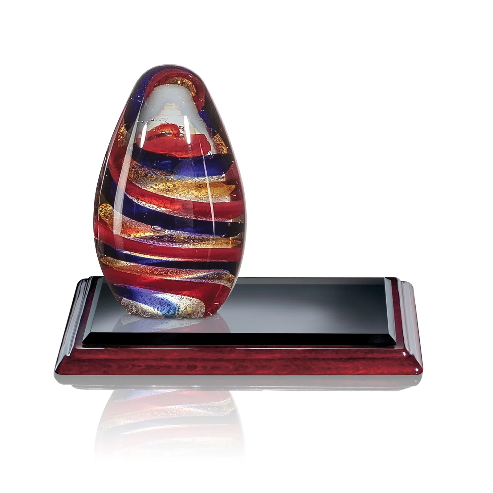 Custom Ribbon Art Glass Teardrop Award on Rosewood Albion Base for corporate award ceremonies