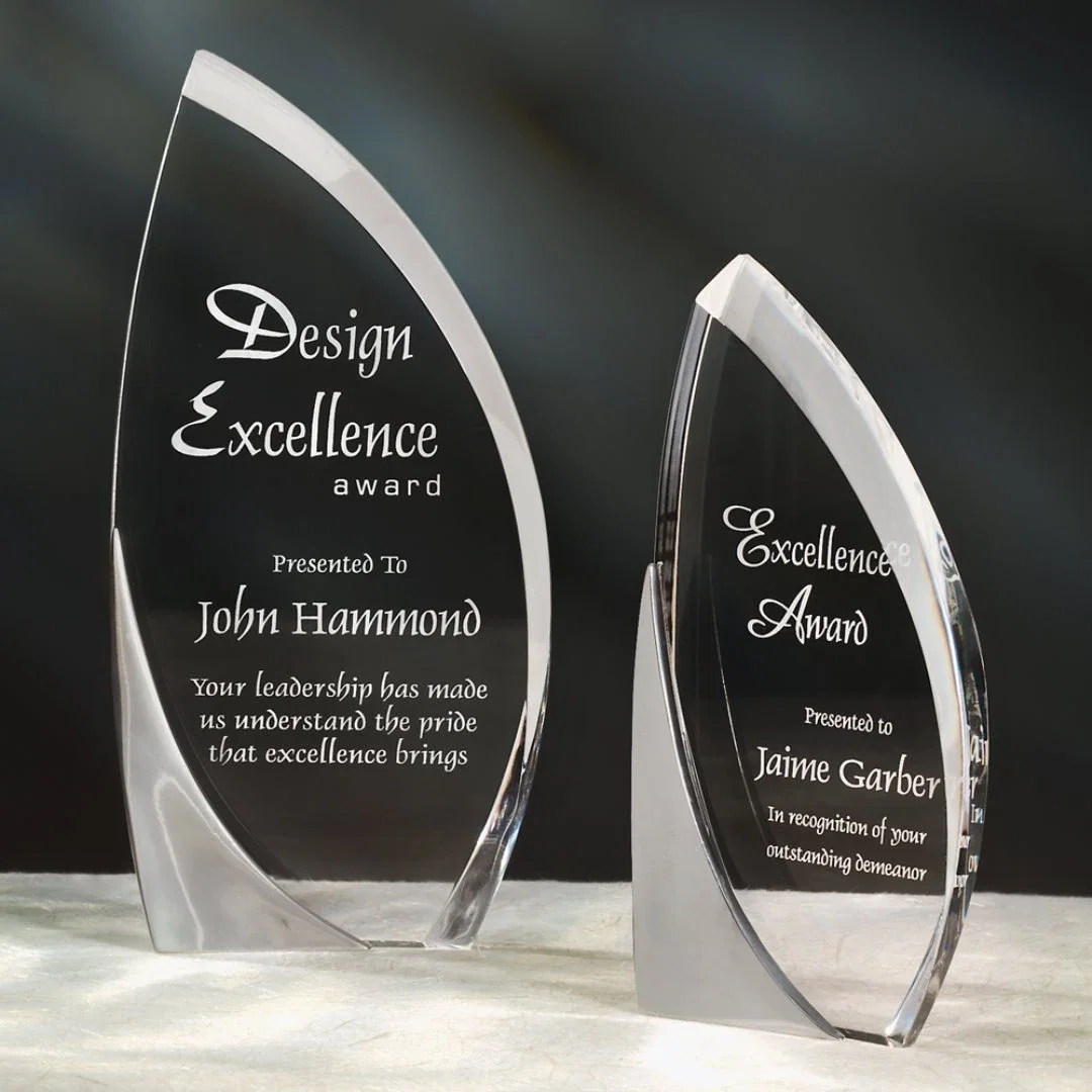 Custom Acrylic Sail Award with Satin Nickel Flourish, Engraved on Back for employee recognition