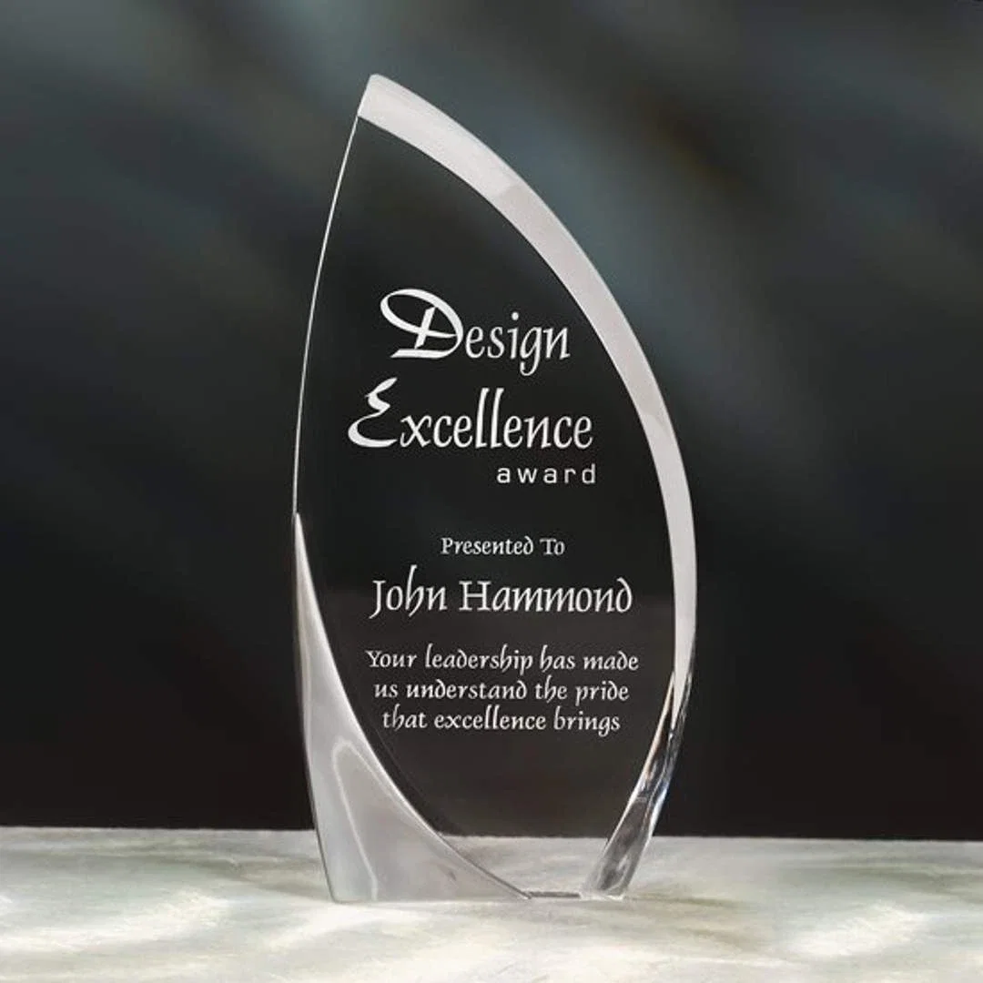 Custom Acrylic Sail Award with Satin Nickel Flourish, Engraved on Back for corporate award ceremonies