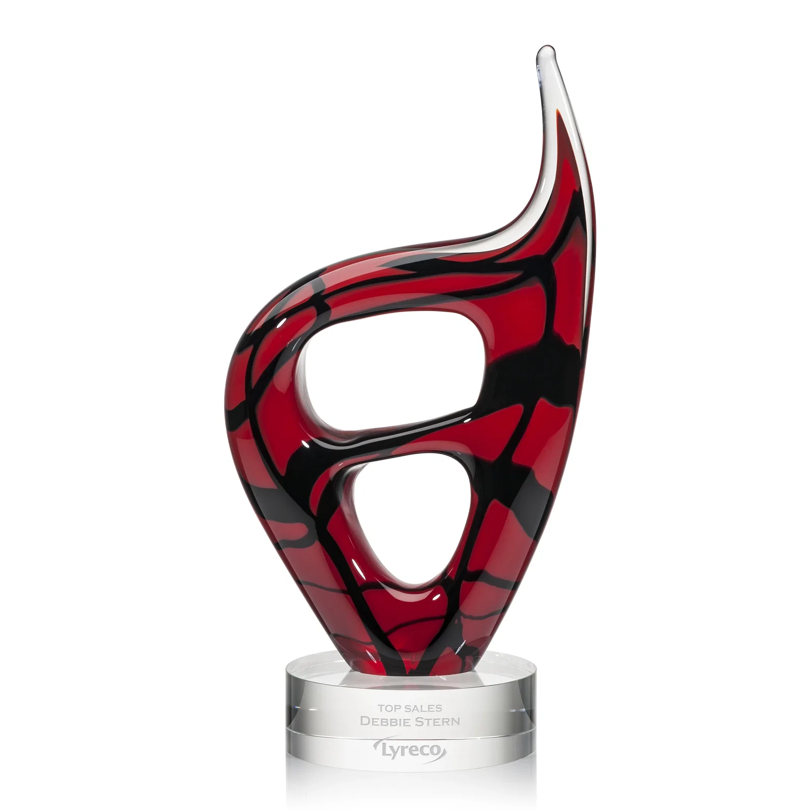 Custom Deep Red Black and Clear Glass Flame Award, One-Piece Construction for employee recognition